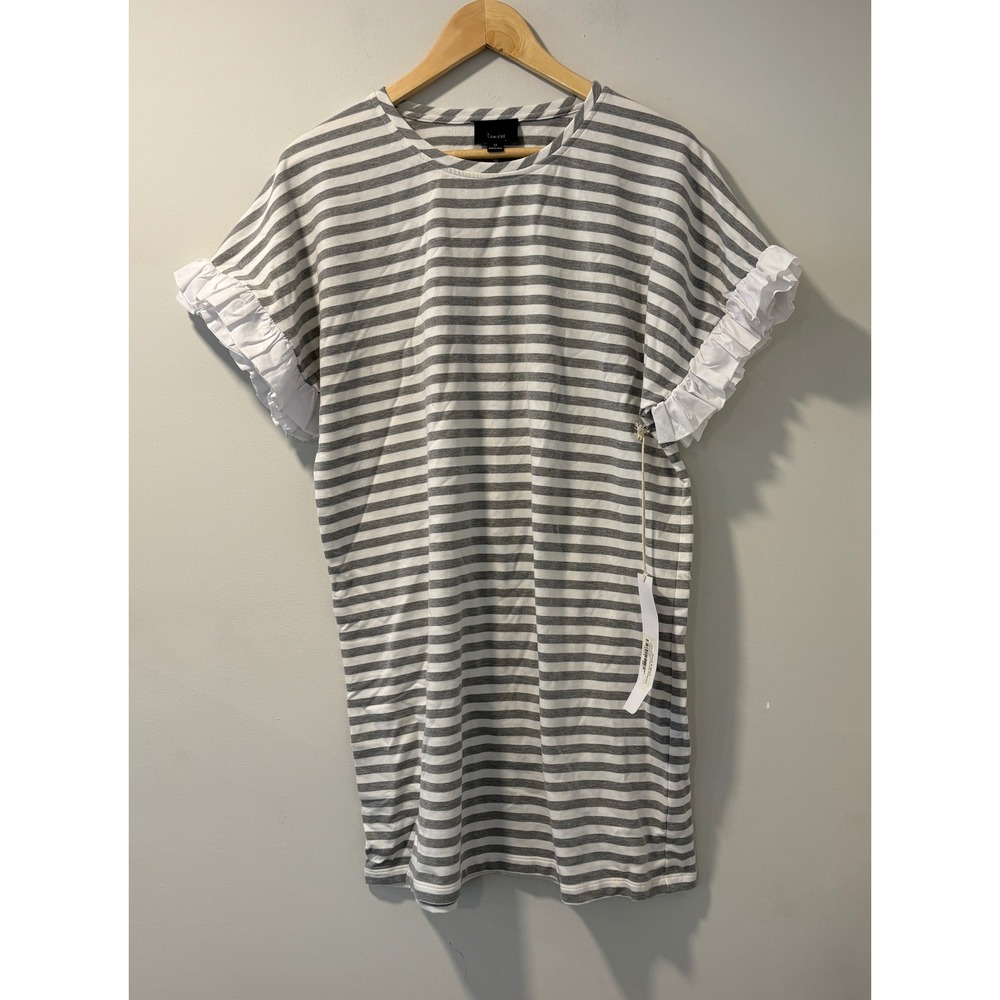 Lumière Kate Shirt Tunic Dress Gray White Stripe Ruffle Trim Short Sleeve Medium